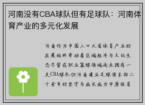 河南没有CBA球队但有足球队：河南体育产业的多元化发展